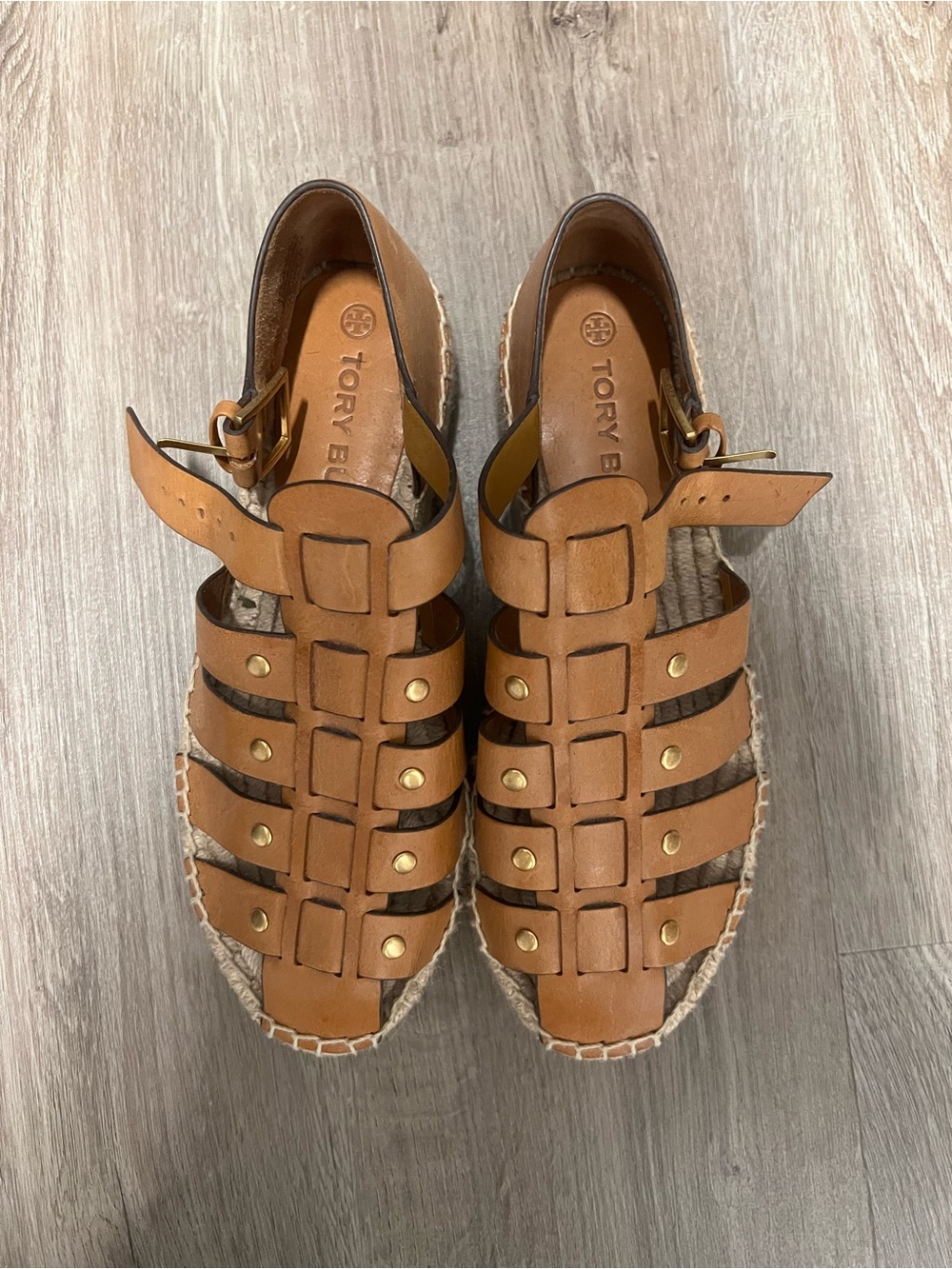 Tory Burch Tan Leather Strappy Espadrille Sandals